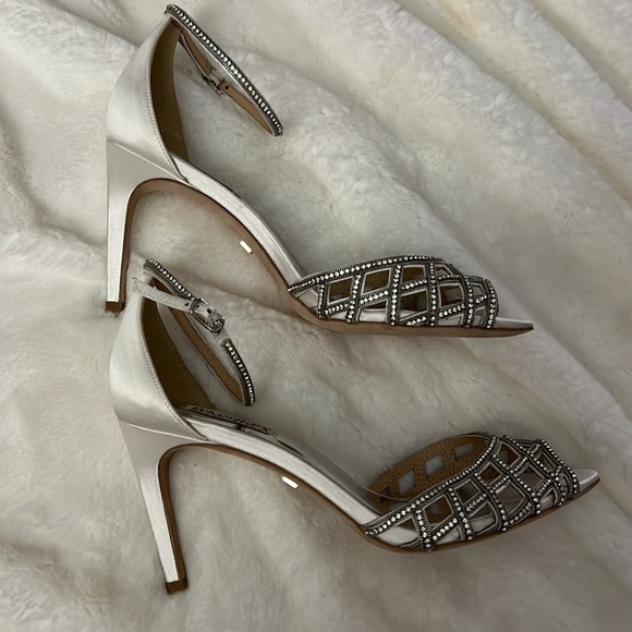 BADGLEY MISCHKA Rain Crystal Adorned Satin Stiletto Heel - Soft White - Picture 4 of 9